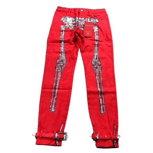 Guapi Skeleton Pants Mens 30 Red Crystal Rhinestone Limited Edition Buckle Zip - Picture 2 of 12